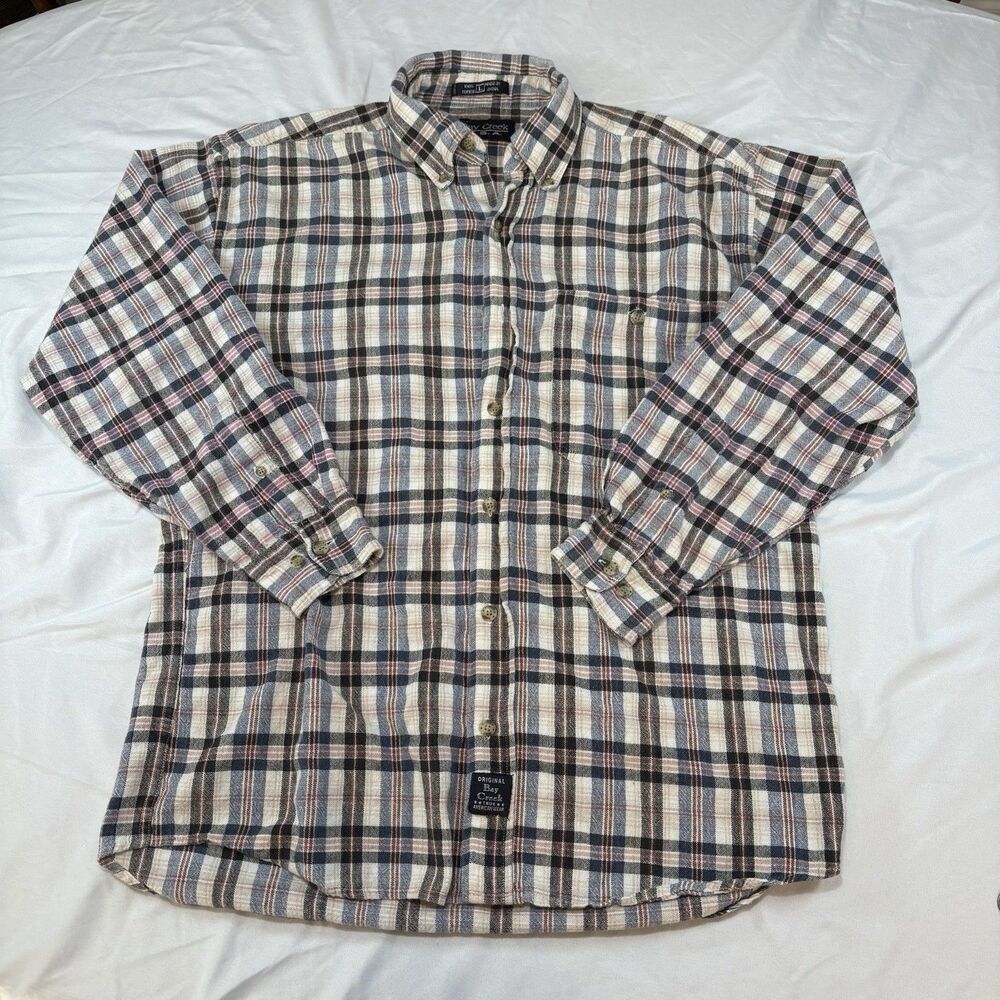 Vintage Bay Creek USA Flannel Shirt Men’s Large Tan Blue Pink Plaid Button Up